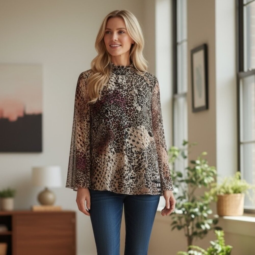 Chico’s High Neck Animal Print Mesh Blouse Size 8 / Medium Mob Wife Sheer Sleeve